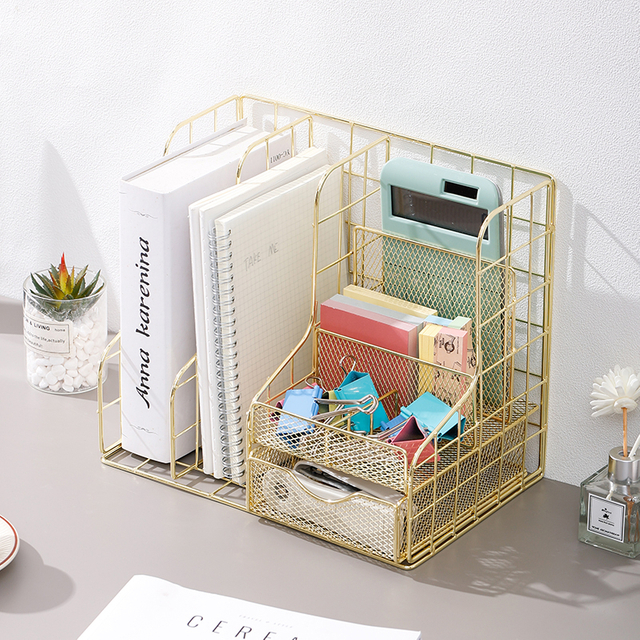 Portez de l'organisateur de bureau 6 compartiments Mesh Iron Wire File Organizer Stand avec tiroir coulissant