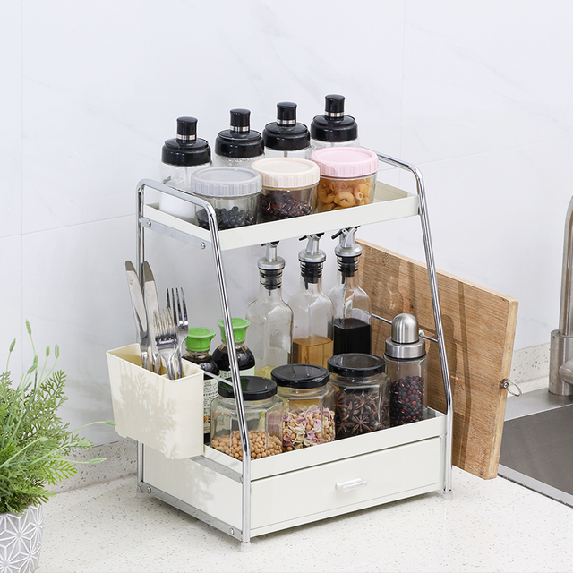 Organisateur de rack d'épices pour armoire Multifonctional Metal Home Home Kitchen Coucheur Top à 2 niveaux Price d'épices avec tiroir
